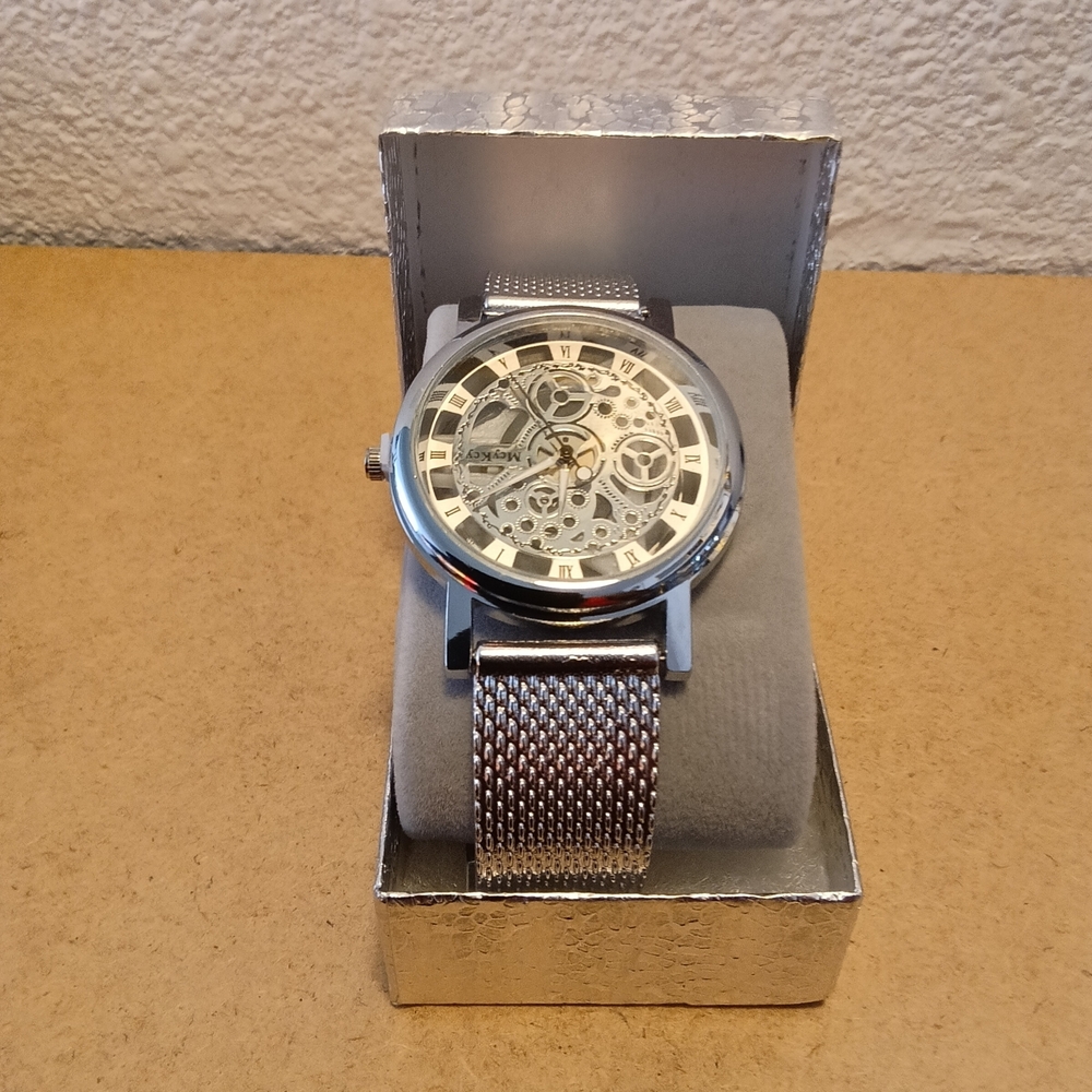 Men's Silver Skeleton Watch with Mesh Band